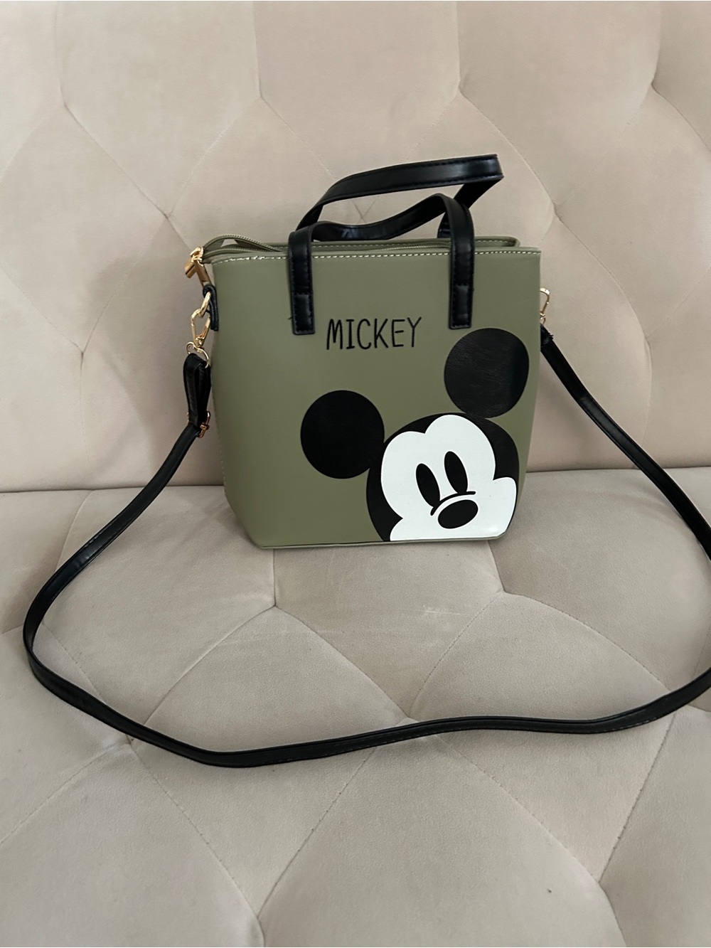 Olive Green Mickey Mouse Crossbody Tote with Black Accents